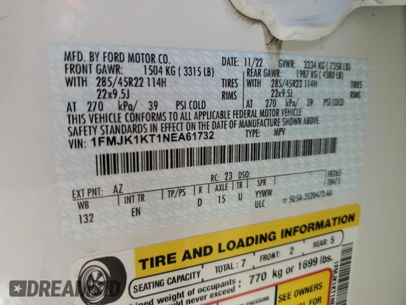 2022 Ford Expedition Max Limited с VIN 1FMJK1KT1NEA61732, выставлен на аукционе Copart как лот 88970155 с пробегом 55 771 миль миль и Списание • Salvage title. История ставок и продаж доступна на DreamBid. Изображение 13.