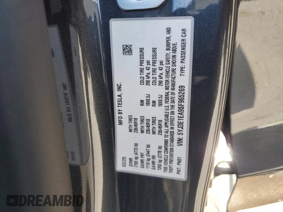 2025 Tesla Model 3 Long Range with VIN 5YJ3E1EA9SF965269, listed as a Copart auction lot 58576425 with Not provided miles and Salvage title. Bid and sale history available at DreamBid. Image 12.