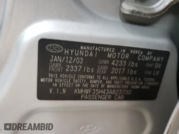2003 Hyundai Sonata GLS with VIN KMHWF35H43A823730, listed as a Copart auction lot 73930274 with 299,601 mi miles and Non Repairable. Bid and sale history available at carsss.com. Image 12.
