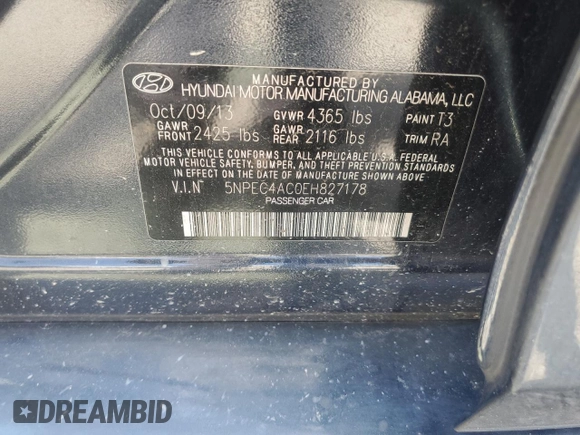 2014 Hyundai Sonata SE with VIN 5NPEC4AC0EH827178, listed as a Copart auction lot 52821265 with 52,961 mi miles and Salvage Title. Bid and sale history available at DreamBid. Image 12.