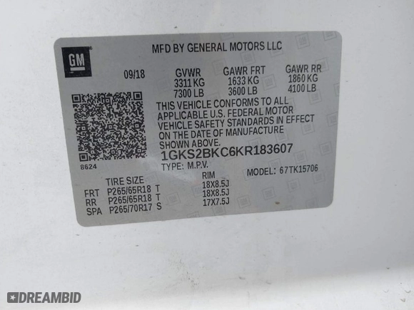 2019 GMC Yukon SLT with VIN 1GKS2BKC6KR183607, listed as a IAAI auction lot 41557880 with 120,971 mi miles. Bid and sale history available at carsss.com. Image 9.