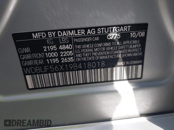 2009 Mercedes-Benz E 350 Luxury with VIN WDBUF56X19B418018, listed as a IAAI auction lot 42060912 with 131,210 mi miles and . Bid and sale history available at DreamBid. Image 9.