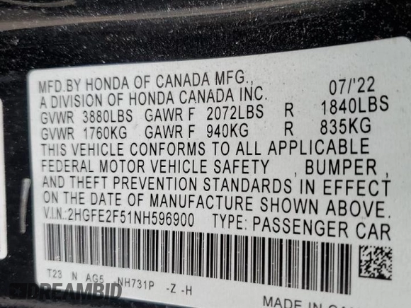 2022 Honda Civic Sedan Sport with VIN 2HGFE2F51NH596900, listed as a Copart auction lot 51156205 with 41,229 mi miles and Non Repairable. Bid and sale history available at carsss.com. Image 12.
