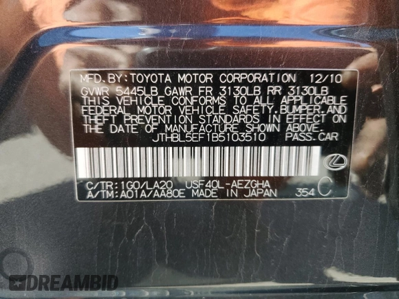 2011 Lexus LS 460 with VIN JTHBL5EF1B5103510, listed as a Copart auction lot 48377525 with 87,612 mi miles and Salvage title. Bid and sale history available at DreamBid. Image 15.