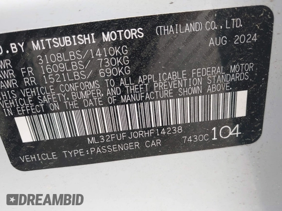 2024 Mitsubishi Mirage ES z VIN ML32FUFJ0RHF14238, wystawiony jako IAAI lot #41991662 z przebiegiem 1 530 mil mil oraz . Historia ofert i sprzedaży dostępna na DreamBid. Obrazek 9.