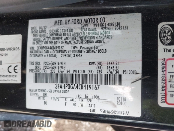 2012 Ford Fusion S with VIN 3FAHP0GA4CR419167, listed as a IAAI auction lot 41420843 with 132,635 mi miles. Bid and sale history available at carsss.com. Image 9.
