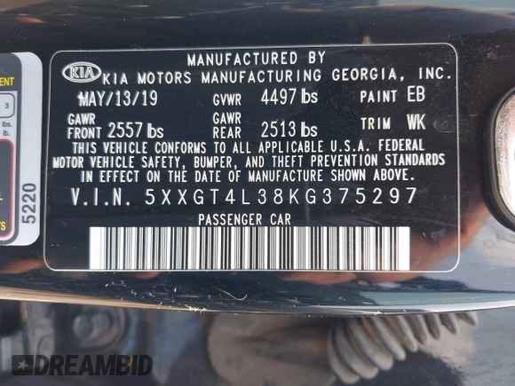 2019 Kia Optima LX with VIN 5XXGT4L38KG375297, listed as a IAAI auction lot 42269791 with 123,631 mi miles and . Bid and sale history available at DreamBid. Image 9.