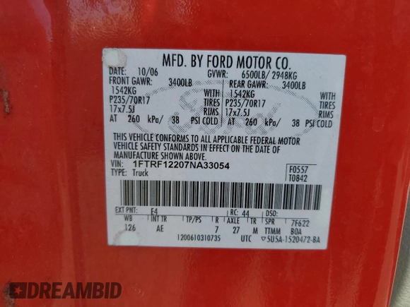 2007 Ford F-150 XL with VIN 1FTRF12207NA33054, listed as a Copart auction lot 65013245 with 100,792 mi miles and Clean title. Bid and sale history available at DreamBid. Image 12.