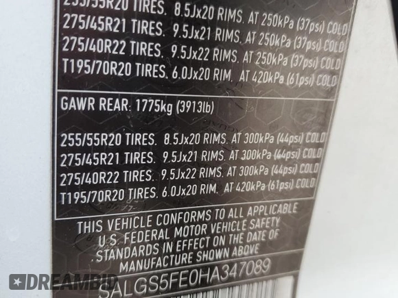 2017 Land Rover Range Rover with VIN SALGS5FE0HA347089, listed as a Copart auction lot 52386705 with 66,835 mi miles and Salvage title. Bid and sale history available at DreamBid. Image 13.
