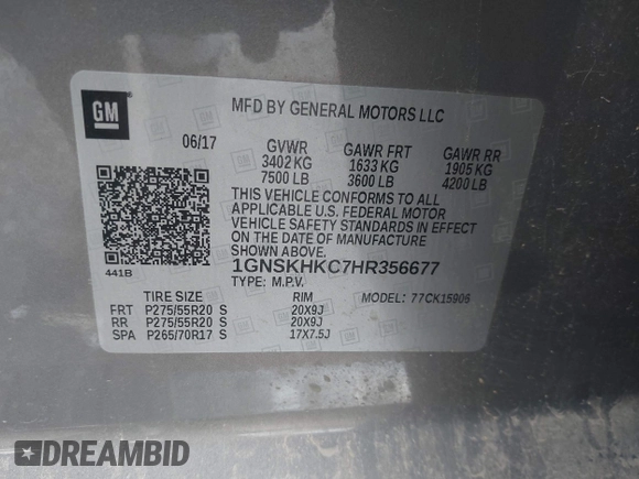 2017 Chevrolet Suburban LT with VIN 1GNSKHKC7HR356677, listed as a IAAI auction lot 42491581 with 129,496 mi miles and . Bid and sale history available at DreamBid. Image 9.