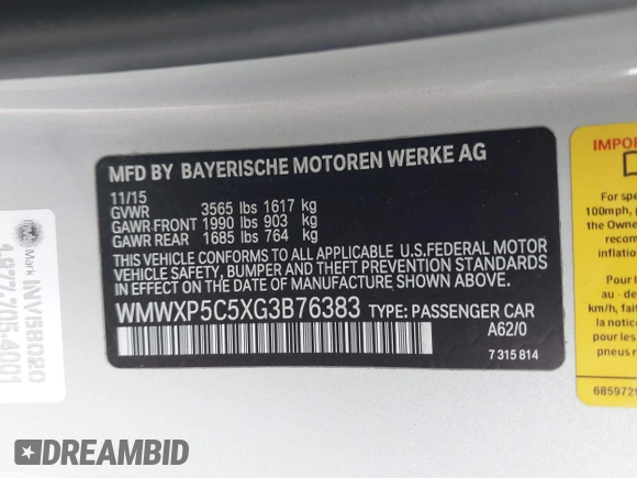 2016 MINI Hardtop with VIN WMWXP5C5XG3B76383, listed as a IAAI auction lot 42087668 with 69,290 mi miles and . Bid and sale history available at DreamBid. Image 9.