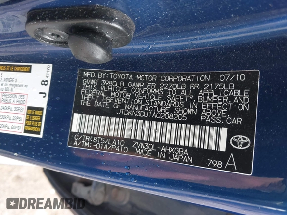 2010 Toyota Prius II with VIN JTDKN3DU1A0208205, listed as a IAAI auction lot 42250244 with 207,917 mi miles and . Bid and sale history available at DreamBid. Image 9.