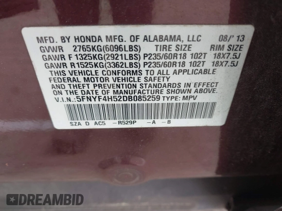 2013 Honda Pilot EX-L with VIN 5FNYF4H52DB085259, listed as a IAAI auction lot 42120763 with 96,744 mi miles and . Bid and sale history available at DreamBid. Image 9.