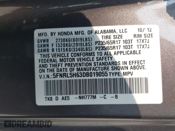 2013 Honda Odyssey EX-L с VIN 5FNRL5H63DB019055, выставлен на аукционе IAAI как лот 42411027 с пробегом 169 636 миль миль и . История ставок и продаж доступна на DreamBid. Изображение 9.