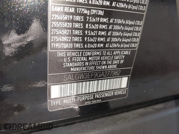 2016 Land Rover Range Rover with VIN SALGW3EF9GA277982, listed as a IAAI auction lot 41782847 with 81,277 mi miles and . Bid and sale history available at DreamBid. Image 9.