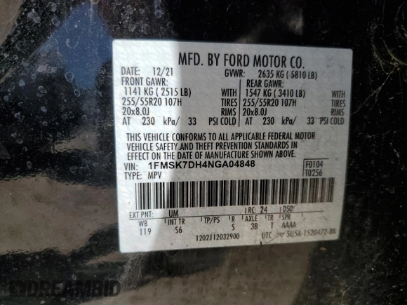 2022 Ford Explorer XLT с VIN 1FMSK7DH4NGA04848, выставлен на аукционе Copart как лот 49720905 с пробегом 50 849 миль миль и Списание • Salvage title. История ставок и продаж доступна на DreamBid. Изображение 13.