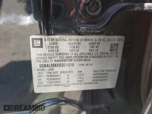 2013 Chevrolet Captiva Sport LT with VIN 3GNAL3EKXDS611618, listed as a Copart auction lot 51308904 with 115,671 mi miles and Salvage Title. Bid and sale history available at DreamBid. Image 14.