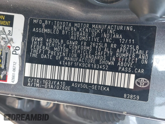 2012 Toyota Camry L with VIN 4T4BF1FK9CR183452, listed as a IAAI auction lot 41442368 with 231,965 mi miles and . Bid and sale history available at carsss.com. Image 9.
