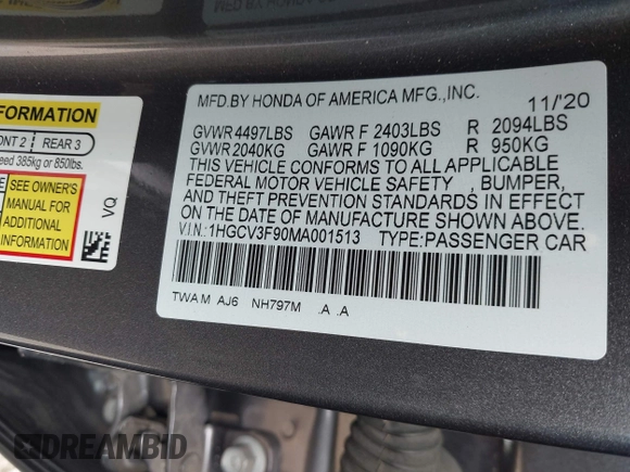 2021 Honda Accord Touring with VIN 1HGCV3F90MA001513, listed as a IAAI auction lot 41939003 with 107,246 mi miles and . Bid and sale history available at DreamBid. Image 9.