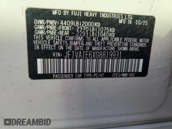 2016 Subaru WRX Premium with VIN JF1VA1E6XG8819931, listed as a Copart auction lot 85369844 with 109,413 mi miles and Salvage Title. Bid and sale history available at carsss.com. Image 15.