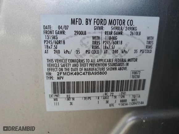 2007 Ford Edge SEL PLUS with VIN 2FMDK49C47BA95800, listed as a Copart auction lot 52885925 with 144,286 mi miles and Salvage Title. Bid and sale history available at carsss.com. Image 13.