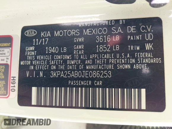 2018 Kia Rio LX with VIN 3KPA25AB0JE086253, listed as a IAAI auction lot 41387302 with 40,553 mi miles and . Bid and sale history available at DreamBid. Image 9.