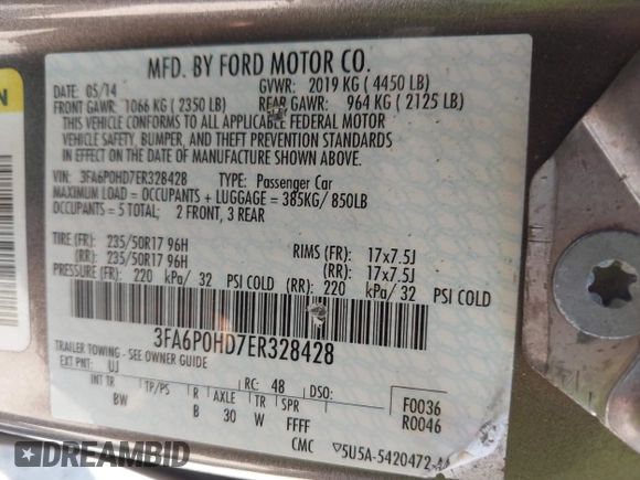2014 Ford Fusion SE with VIN 3FA6P0HD7ER328428, listed as a IAAI auction lot 42242714 with 74,199 mi miles and . Bid and sale history available at DreamBid. Image 9.