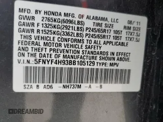 2011 Honda Pilot Touring with VIN 5FNYF4H93BB105129, listed as a Copart auction lot 38340854 with 123,146 mi miles and Salvage Title. Bid and sale history available at DreamBid. Image 14.