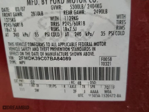 2007 Ford Edge SEL PLUS with VIN 2FMDK39C07BA84089, listed as a Copart auction lot 49582345 with 200,392 mi miles and Salvage Title. Bid and sale history available at carsss.com. Image 13.