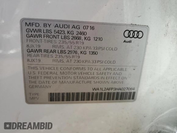2017 Audi Q5 Premium Plus with VIN WA1L2AFP3HA027064, listed as a Copart auction lot 60634905 with 80,751 mi miles and Salvage title. Bid and sale history available at DreamBid. Image 12.