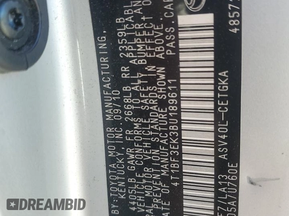 2011 Toyota Camry LE with VIN 4T1BF3EK3BU189611, listed as a Copart auction lot 80390264 with 180,066 mi miles and Non repairable. Bid and sale history available at DreamBid. Image 12.