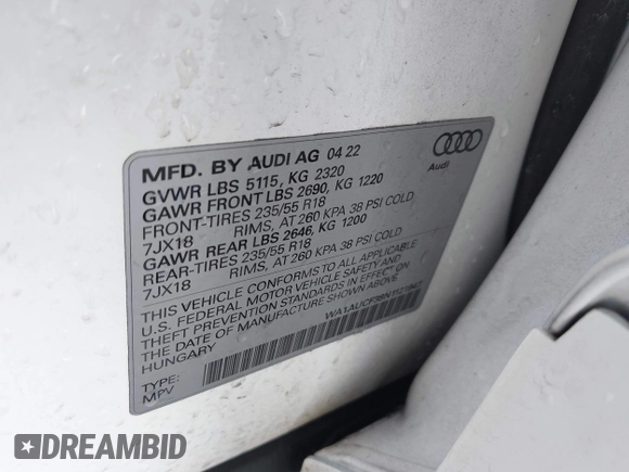 2022 Audi Q3 Premium with VIN WA1AUCF38N1121947, listed as a IAAI auction lot 41548155 with 25,477 mi miles. Bid and sale history available at carsss.com. Image 8.