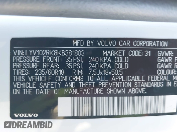 2019 Volvo XC60 Momentum with VIN LYV102RK8KB381803, listed as a IAAI auction lot 40925515 with 99,530 mi miles and . Bid and sale history available at DreamBid. Image 9.