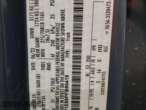 2023 Ford F-150 XL with VIN 1FTEW1E88PFB86418, listed as a Copart auction lot 41494455 with 37,292 mi miles and Salvage title. Bid and sale history available at DreamBid. Image 13.