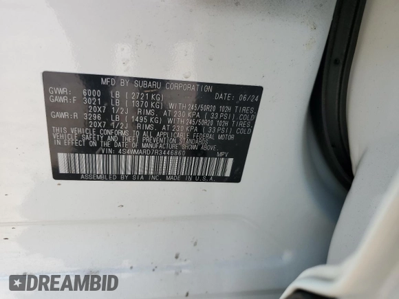 2024 Subaru Ascent Limited z VIN 4S4WMARD7R3446860, wystawiony jako Copart lot #54988625 z przebiegiem 9 173 mil mil oraz Szkoda całkowita • Salvage title. Historia ofert i sprzedaży dostępna na DreamBid. Obrazek 14.