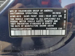 2015 Volkswagen Passat S with VIN 1VWAS7A38FC079955, listed as a Copart auction lot 85233014 with 133,305 mi miles and Salvage title. Bid and sale history available at DreamBid. Image 13.