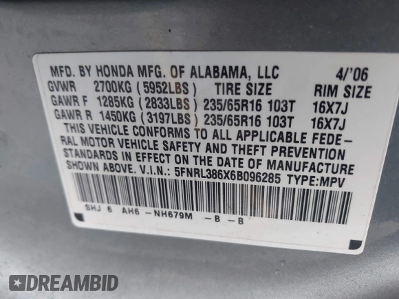 2006 Honda Odyssey EX-L with VIN 5FNRL386X6B096285, listed as a IAAI auction lot 41867716 with 215,284 mi miles. Bid and sale history available at carsss.com. Image 9.