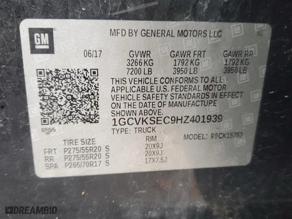 2017 Chevrolet Silverado 1500 LTZ with VIN 1GCVKSEC9HZ401939, listed as a Copart auction lot 87106634 with 119,774 mi miles and Clean Title. Bid and sale history available at carsss.com. Image 15.
