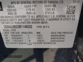 2011 Chevrolet Equinox LT w/1LT with VIN 2GNALDEC0B1148220, listed as a IAAI auction lot 39671008 with 182,611 mi miles. Bid and sale history available at carsss.com. Image 9.