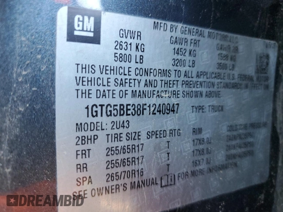 2015 GMC Canyon 2WD SLE with VIN 1GTG5BE38F1240947, listed as a Copart auction lot 82707204 with 63,049 mi miles and Salvage Title. Bid and sale history available at carsss.com. Image 14.
