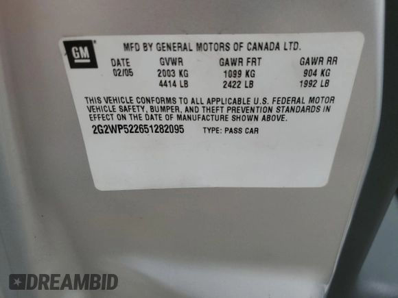 2005 Pontiac Grand Prix with VIN 2G2WP522651282095, listed as a Copart auction lot 58529505 with 184,125 mi miles and Clean title. Bid and sale history available at DreamBid. Image 12.