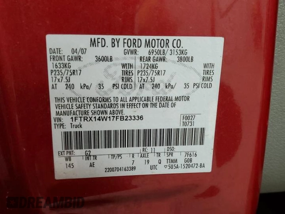 2007 Ford F-150 STX with VIN 1FTRX14W17FB23336, listed as a Copart auction lot 49495325 with 40,996 mi miles and Salvage title. Bid and sale history available at DreamBid. Image 12.