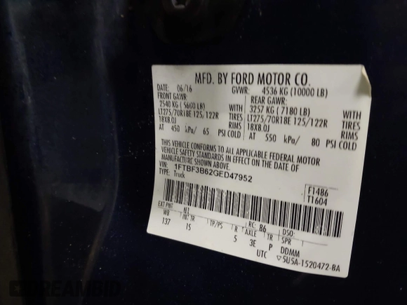 2016 Ford F-350 XL with VIN 1FTBF3B62GED47952, listed as a IAAI auction lot 41850391 with 164,249 mi miles and . Bid and sale history available at DreamBid. Image 9.