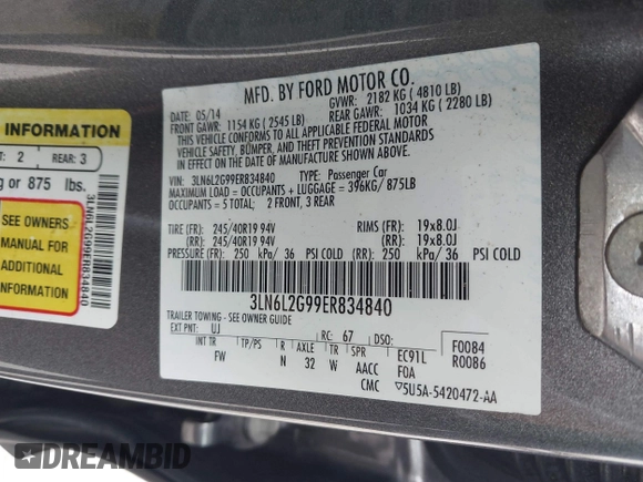 2014 Lincoln MKZ z VIN 3LN6L2G99ER834840, wystawiony jako IAAI lot #42134656 z przebiegiem 33 565 mil mil oraz . Historia ofert i sprzedaży dostępna na DreamBid. Obrazek 9.