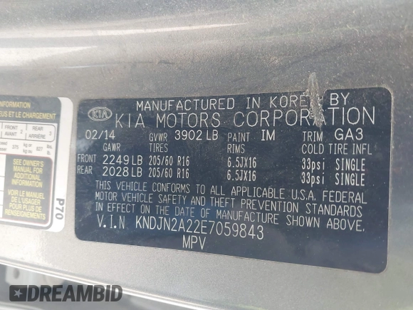 2014 Kia Soul with VIN KNDJN2A22E7059843, listed as a IAAI auction lot 41601093 with 61,396 mi miles. Bid and sale history available at carsss.com. Image 9.
