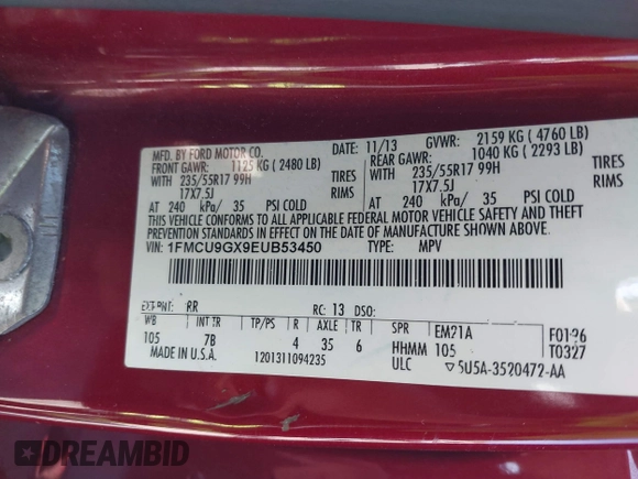 2014 Ford Escape SE with VIN 1FMCU9GX9EUB53450, listed as a IAAI auction lot 42313152 with 138,367 mi miles and . Bid and sale history available at DreamBid. Image 9.