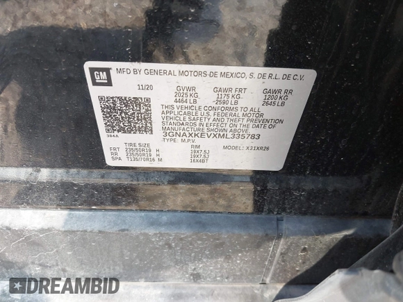 2021 Chevrolet Equinox LT with VIN 3GNAXKEVXML335783, listed as a IAAI auction lot 41925460 with 128,772 mi miles. Bid and sale history available at carsss.com. Image 9.