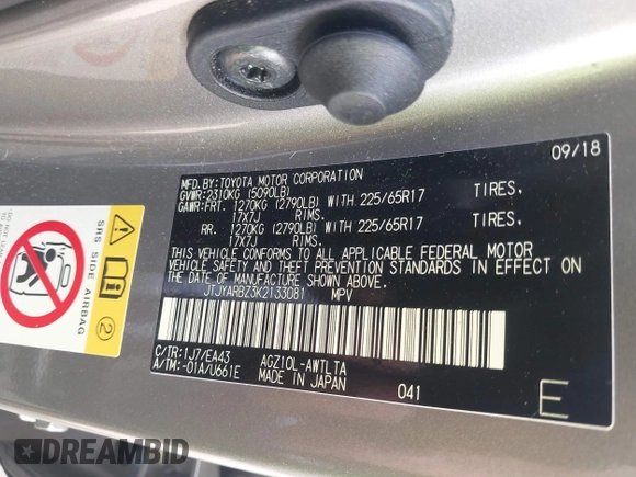 2019 Lexus NX 300 with VIN JTJYARBZ3K2133081, listed as a IAAI auction lot 42485708 with 47,637 mi miles and . Bid and sale history available at DreamBid. Image 9.