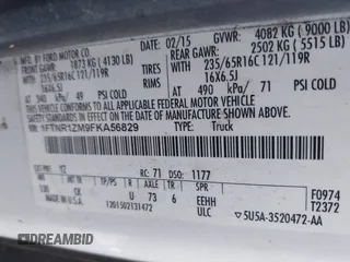 2015 Ford Transit Cargo with VIN 1FTNR1ZM9FKA56829, listed as a IAAI auction lot 42016014 with 261,768 mi miles. Bid and sale history available at carsss.com. Image 9.