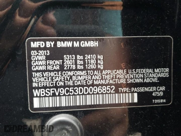 2013 BMW M5 with VIN WBSFV9C53DD096852, listed as a Copart auction lot 65917404 with 0 mi miles and Salvage Title. Bid and sale history available at carsss.com. Image 12.